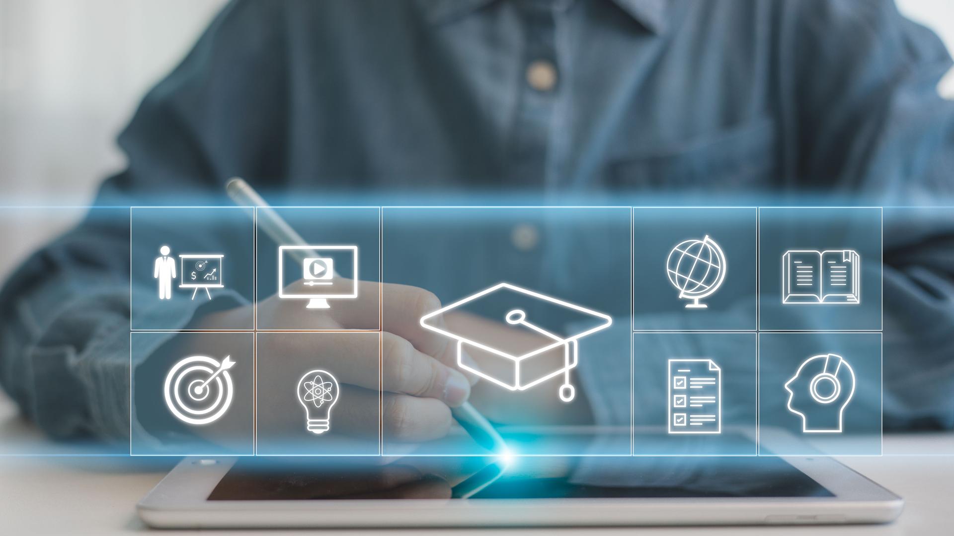 e-learning concept. learning icon, library on the internet website. concept of lesson learning e-book training digital online. course education in webinar technology