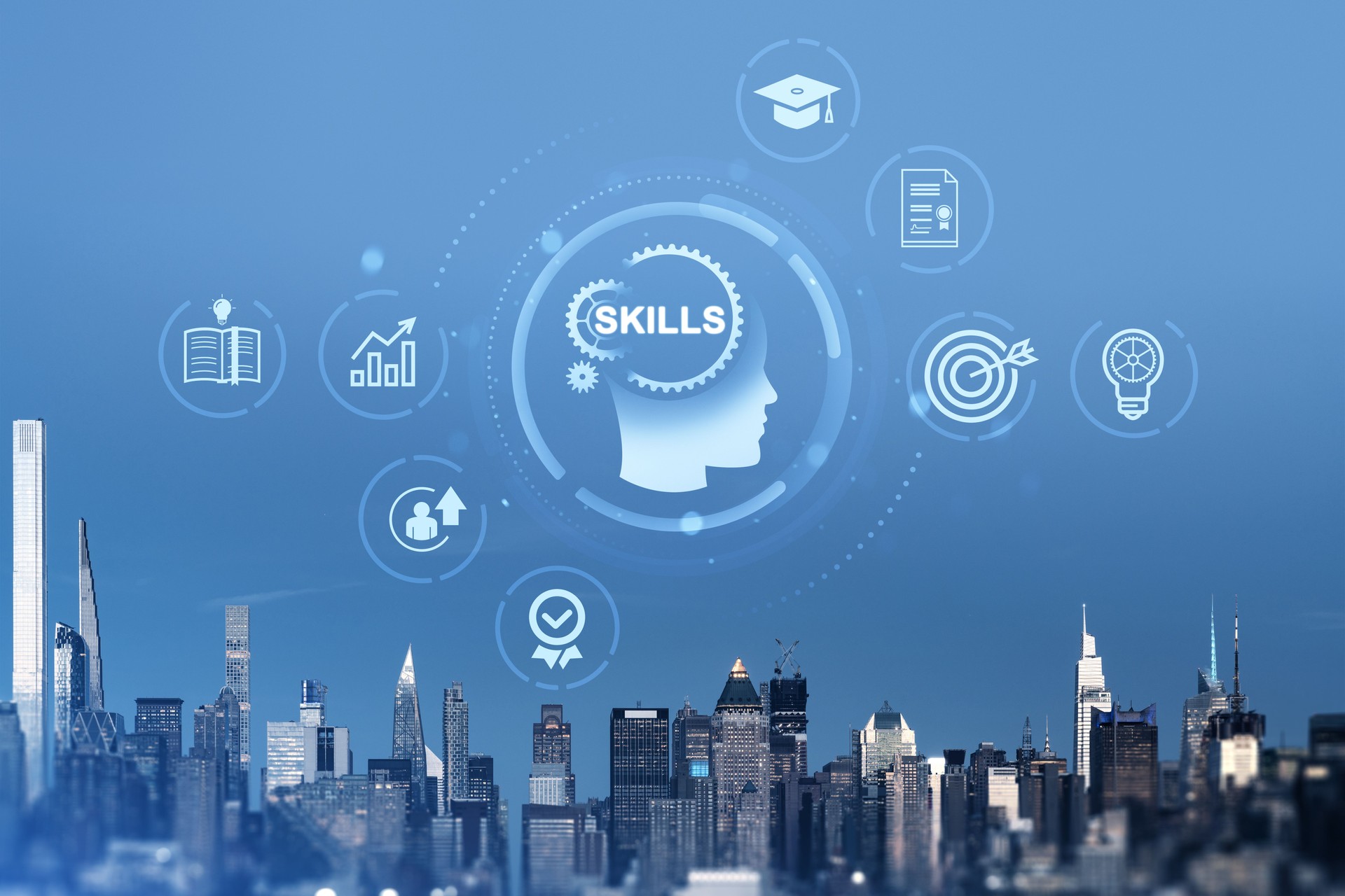 Skills development icons over Manhattan cityscape with modern blue overlay.